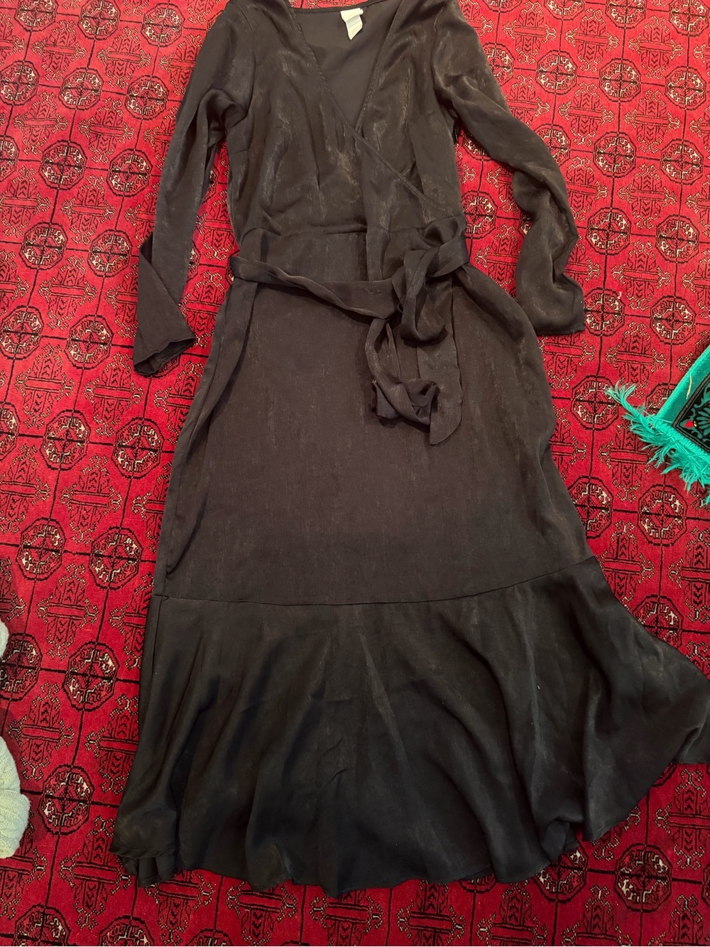 H&M Black Long Sleeve Wrap Midi Dress with Tie Waist